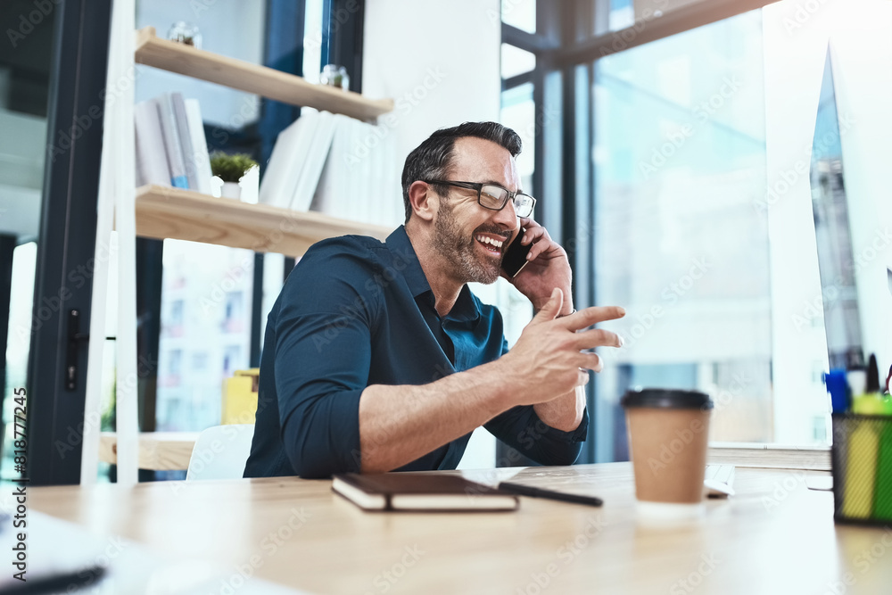 Aufkleber talking, phone call and business man by desk for conversation, negotiation deal or architecture. com