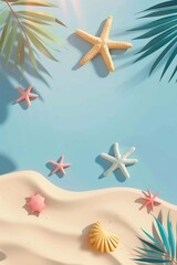 Starfish and Seashells on Sandy Beach with Palm Leaves - Perfect for Summer and Coastal Themes