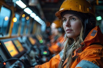 Woman in hard hat and orange jacket at work site