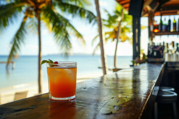 A glass of orange juice sits on a wooden bar counter next to a palm tree. The drink is garnished with a lime wedge and a cherry. The scene is set on a beach, with the ocean visible in the background