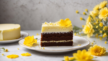 Obraz na płótnie Canvas A white and yellow cake with yellow flowers on top sits on a white plate surrounded by yellow flowers.