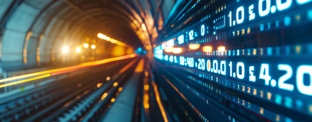 Blue numbers and glowing light lines on the right side of an abstract dark tunnel represent financial data analysis or stock market trading.