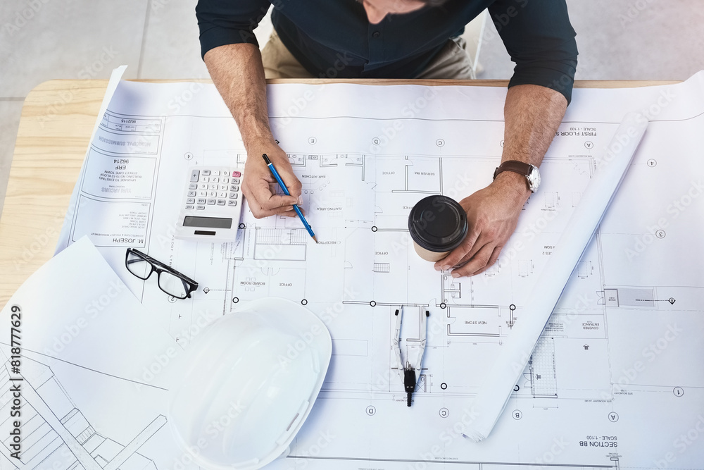Poster man, hands and drawing architecture floor plan from above with take away coffee, development or blue