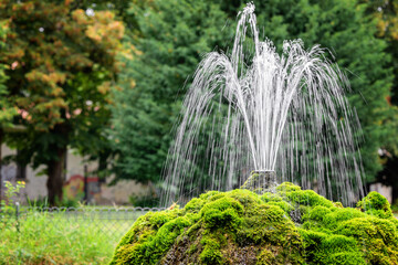 moss-covered fountain with water jets, set in a lush green park, creating a serene and refreshing...
