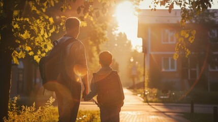 Cheerful dad welcomes his little boy to his first school day, with golden morning sunlight filling the scene. Guy waving to a boy