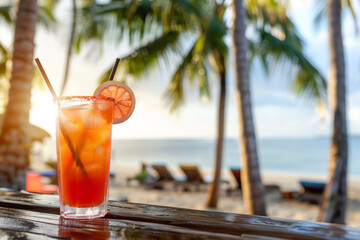 A glass of red drink with a slice of orange on top. The drink is on a table outside near the ocean