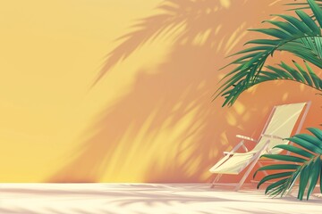 Tropical Summer Scene with Sun Lounger and Palm Leaves Shadows Yellow Background