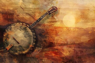 Bluegrass Music: Rustic, twangy textures and warm, organic colors representing the traditional and fast-paced rhythms, with abstract banjos and Appalachian mountains