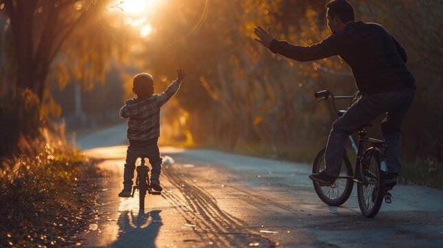 A man waves to a boy riding a bike for the first time, capturing a triumphant learning moment and the joy of a new achievement. Guy waving to a boy