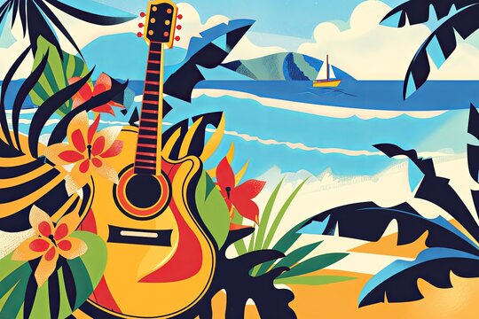 Bossa Nova Music: Smooth, breezy lines and soft, tropical colors representing the relaxed and rhythmic Brazilian style, with abstract guitars and beach scenes