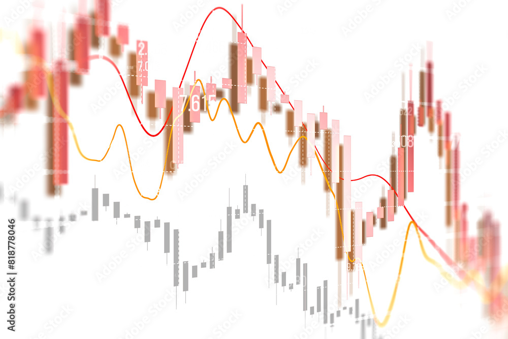 Poster abstract financial chart with candlestick and line graph on white background, concept of stock marke