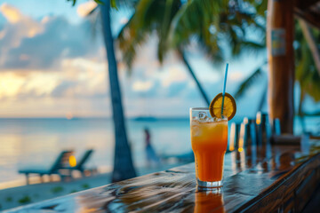 A glass of orange juice sits on a bar counter next to a beach. The drink is garnished with a slice of orange and a straw. The scene is relaxing and inviting, with the ocean in the background