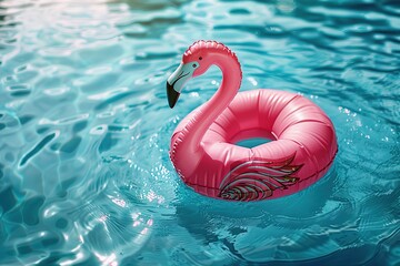 Pink inflatable flamingo on water in swimming pool