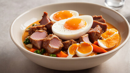 There is a bowl of food that includes sliced chicken, hard-boiled eggs, broccoli, and carrots.