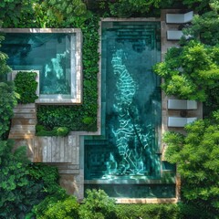 Serene Overhead Aerial View of Minimalist Swimming Pool Surrounded by Lush Greenery, Natural Scenery, and Warm Sunlight. Relaxing Summer Lifestyle and Vacation Concept.