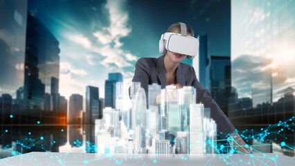 Civil engineer analyzing with rotating tower skyscraper hologram virtual graphic via VR future global innovation network technology community intelligent cityscape urban planning center. Contraption.