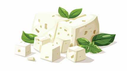 Tofu block and its cut cube pieces. Whole bar of feta
