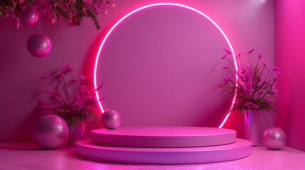 Modern pink neon circle backdrop with pedestals and plants. Perfect for product display or promotional content.