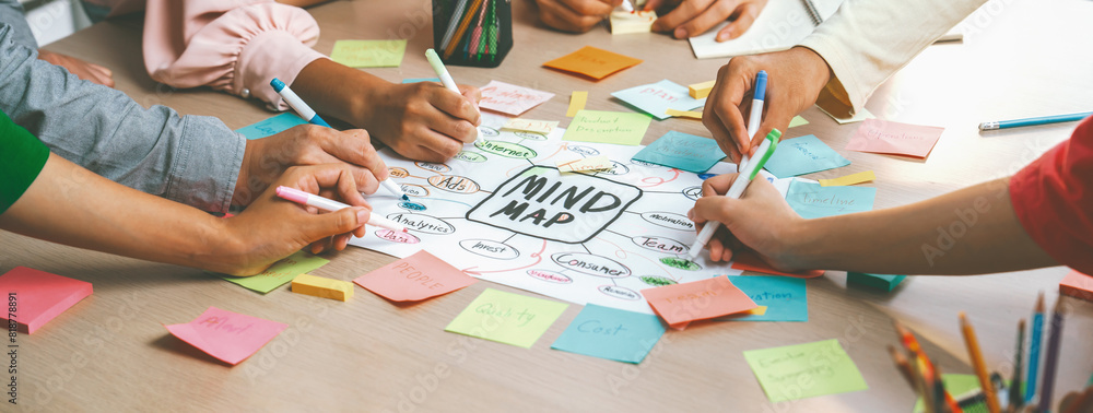 Poster creative business team brainstorming about marketing strategy and business plan by using mind mappin