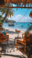 Idyllic beachfront beach bar with luxury boats, summer concept vacation concept holidays
