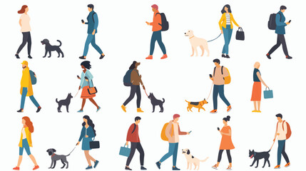 Top view of people going with phones walking with dog