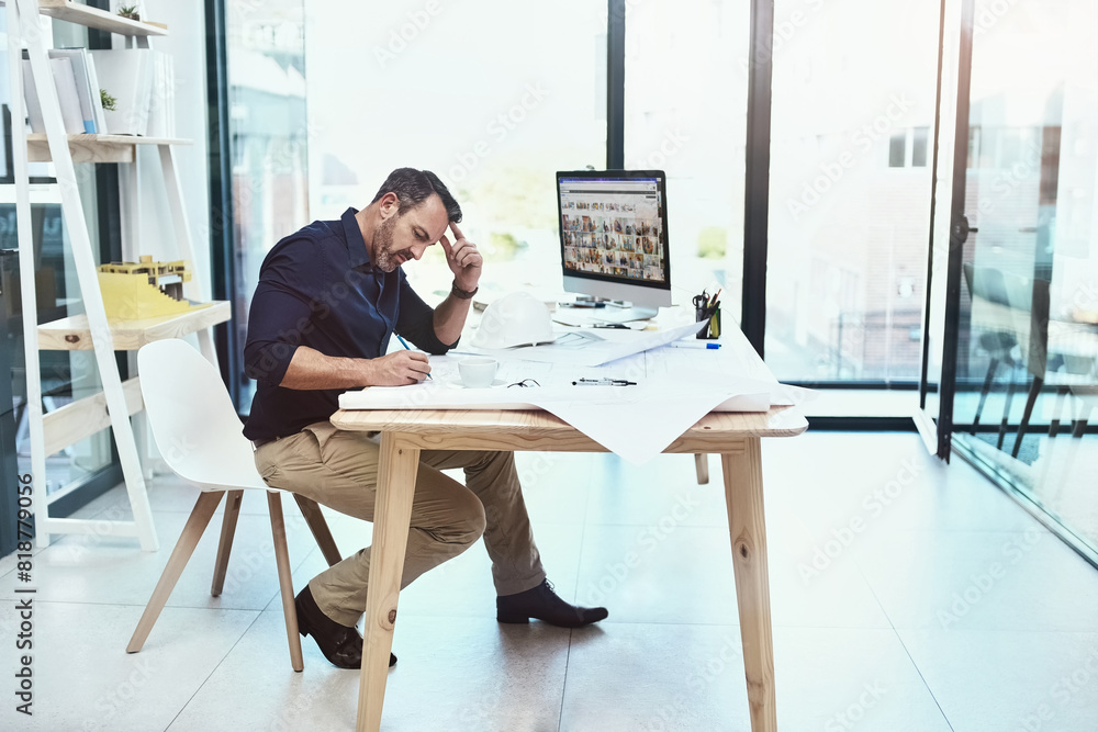 Poster tired, mature man or architect and headache from building design mistake with blueprints for plannin
