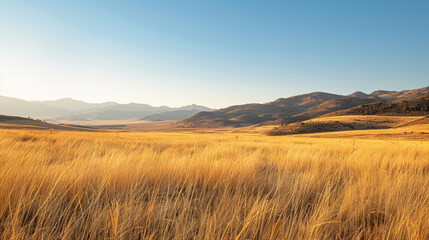 A beautiful golden grassland landscape features rolling hills with tall brown and yellow grasses swaying in the wind under a clear blue sky, with mountains visible in the distance. - Powered by Adobe