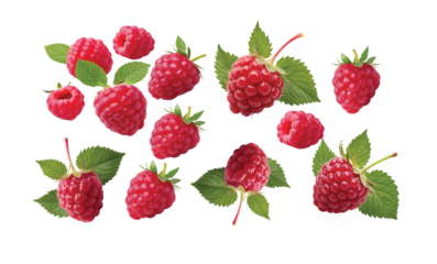 Raspberry raspberries, many angles and view side top front group pile heap isolated on transparent background cutout, PNG file. Mockup template for artwork graphic design