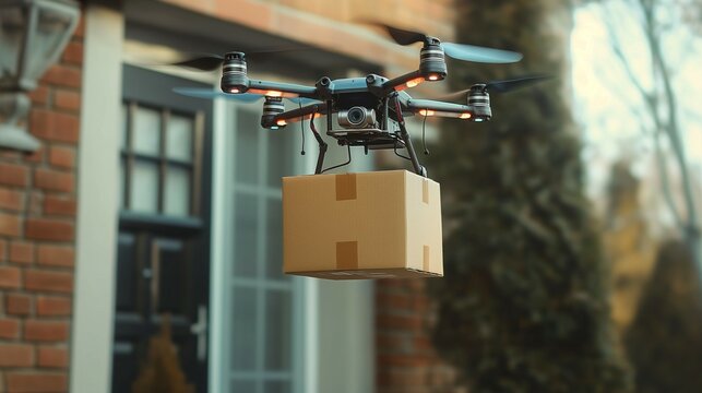 Black drone delivering a brown cardboard box to a residential house, unmanned aircraft logistics concept
