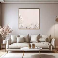 Minimalist living room interior design with a picture frame. Generative AI.