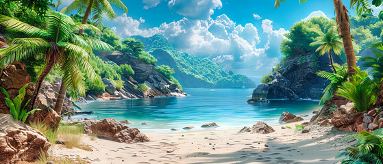 Calm Beach Scene with Palm Shadows on the Sand, Relaxing Tropical Paradise under a Clear Blue Sky