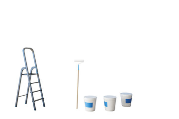 A ladder, paint roller, and paint buckets organized on a white background, symbolizing home improvement or painting concept