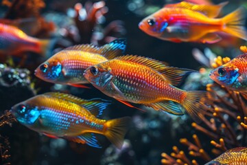 Group of colorful fish swimming in aquarium