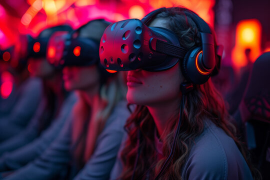 Group of people wearing virtual headsets