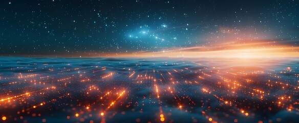 A futuristic digital landscape with glowing data streams representing the global internet network, dark sky background, glowing orange lights in the foreground, wide shot