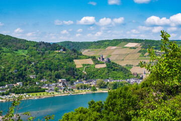 View from a hiking trail in the Rheingau Mountains near Lorch down into the Rhine Valley on a sunny spring day