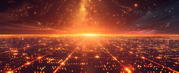 A futuristic digital landscape with glowing data streams representing the global internet network, dark sky background, glowing orange lights in the foreground, wide shot