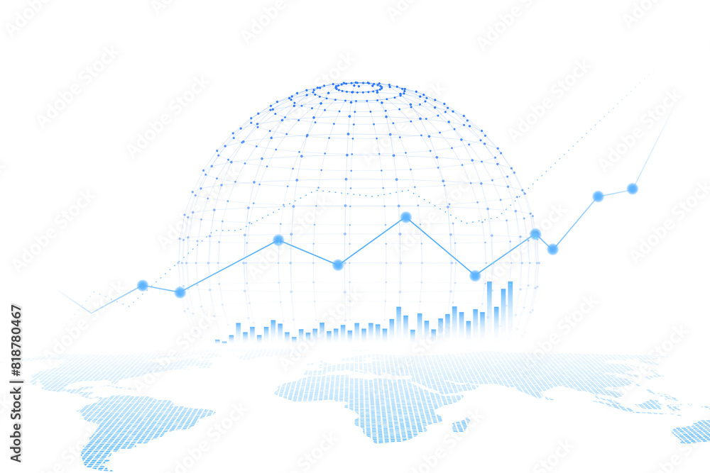 Poster a digital infographic with a globe, graphs, and statistical data representing global financial trend