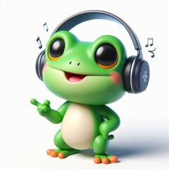 Obraz premium cute 3D funny cartoon a frog with small wireless headphone on head smiling and dancing, white background