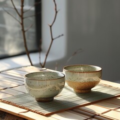 A serene arrangement: two ceramic bowls rest on bamboo mat in calming neutral hues