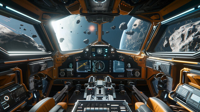 Interior of spaceship pilot cockpit seat with control cabin interface dashboard