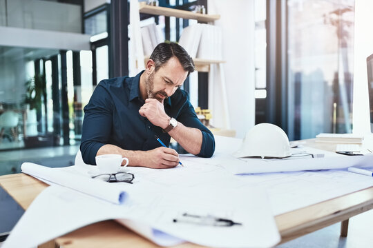 Architecture, writing and man with blueprint, thinking and building planner and construction with ideas. Person, employee or entrepreneur with documents, engineering and thinking with problem solving