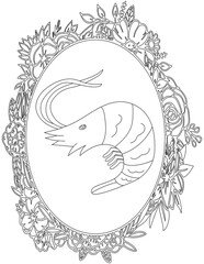 Shrimp in A Floral Frame Coloring Page. Printable Coloring Worksheet for Kids. Educational Resources for School and Preschool.
