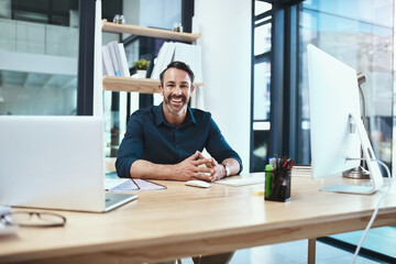 Mature, man and portrait in office with technology by desk for online work, happy and proud as...