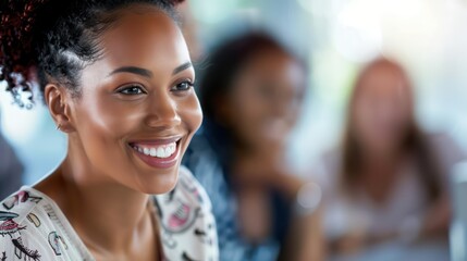 Fototapeta premium An African-American woman with a vibrant smile is in focus, with blurred female friends in the background, suggesting friendship and joy