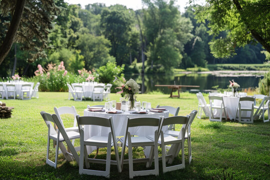 A large outdoor party with a lot of white chairs and tables. The tables are set up in a circle and there are vases with flowers on them