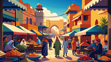 Bustling Eastern Market Street Scene with Colorful Stalls and Shoppers