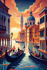 Picturesque Sunset in Venice with Gondolas and Historical Architecture