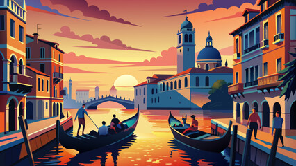 Sunset Romance in Venice: Gondolas Gliding on Serene Canals