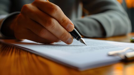 A focused view on a person's hand using a fountain pen to sign or fill out a formal document resting on a wooden table